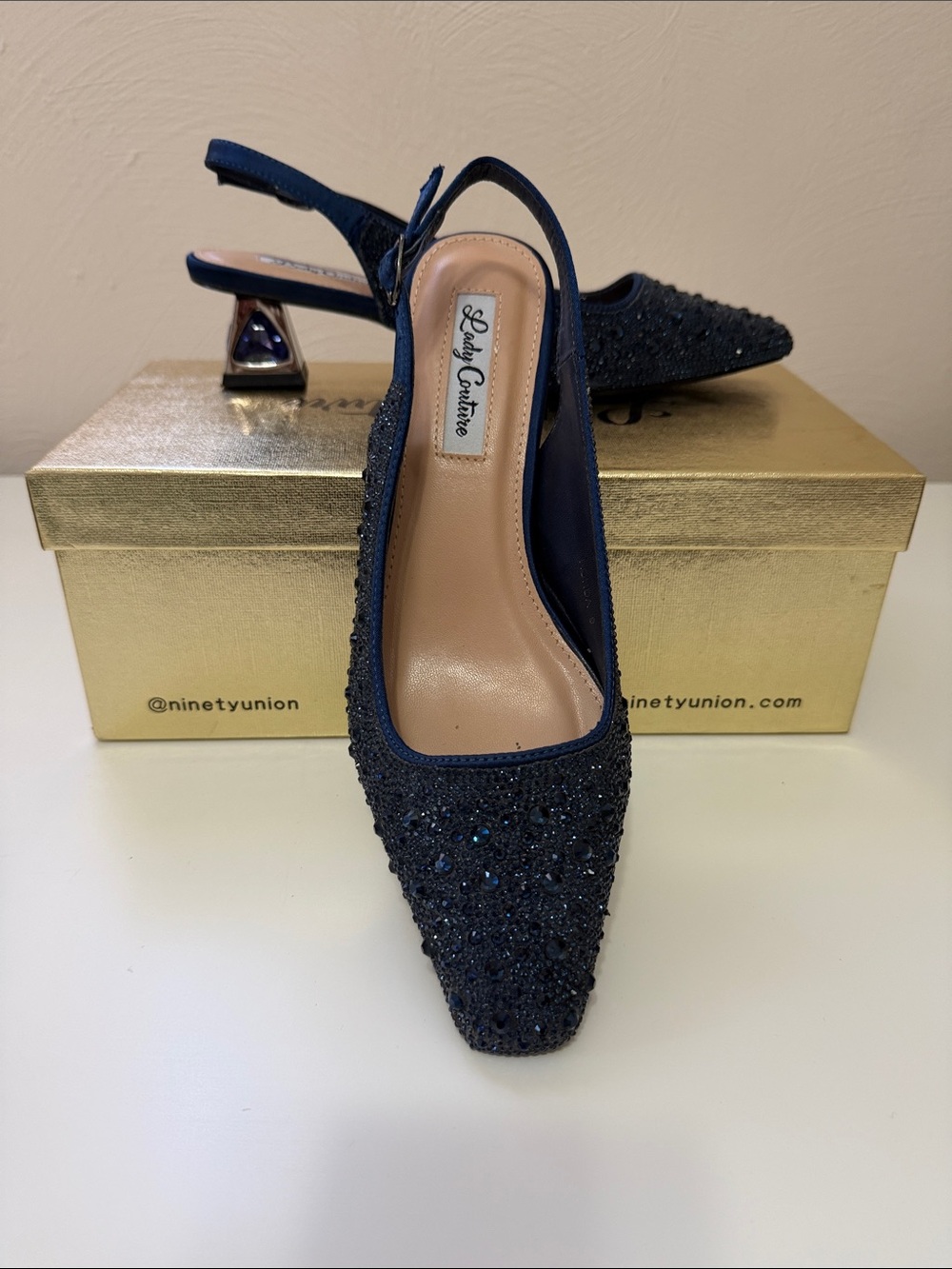 Navy Beaded Slingback Heels